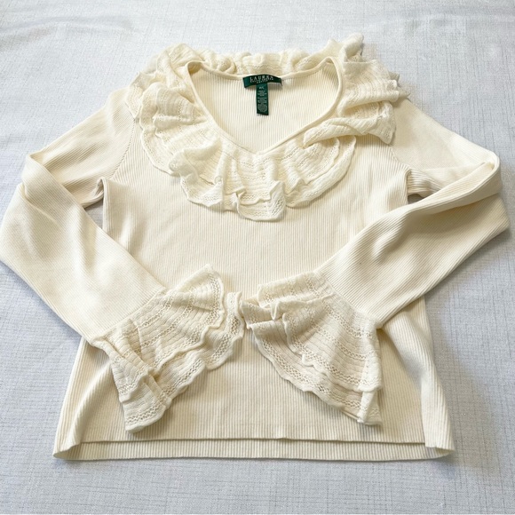 Lauren Ralph Lauren Ivory Knit Ruffle Neck Size PL - Picture 7 of 8